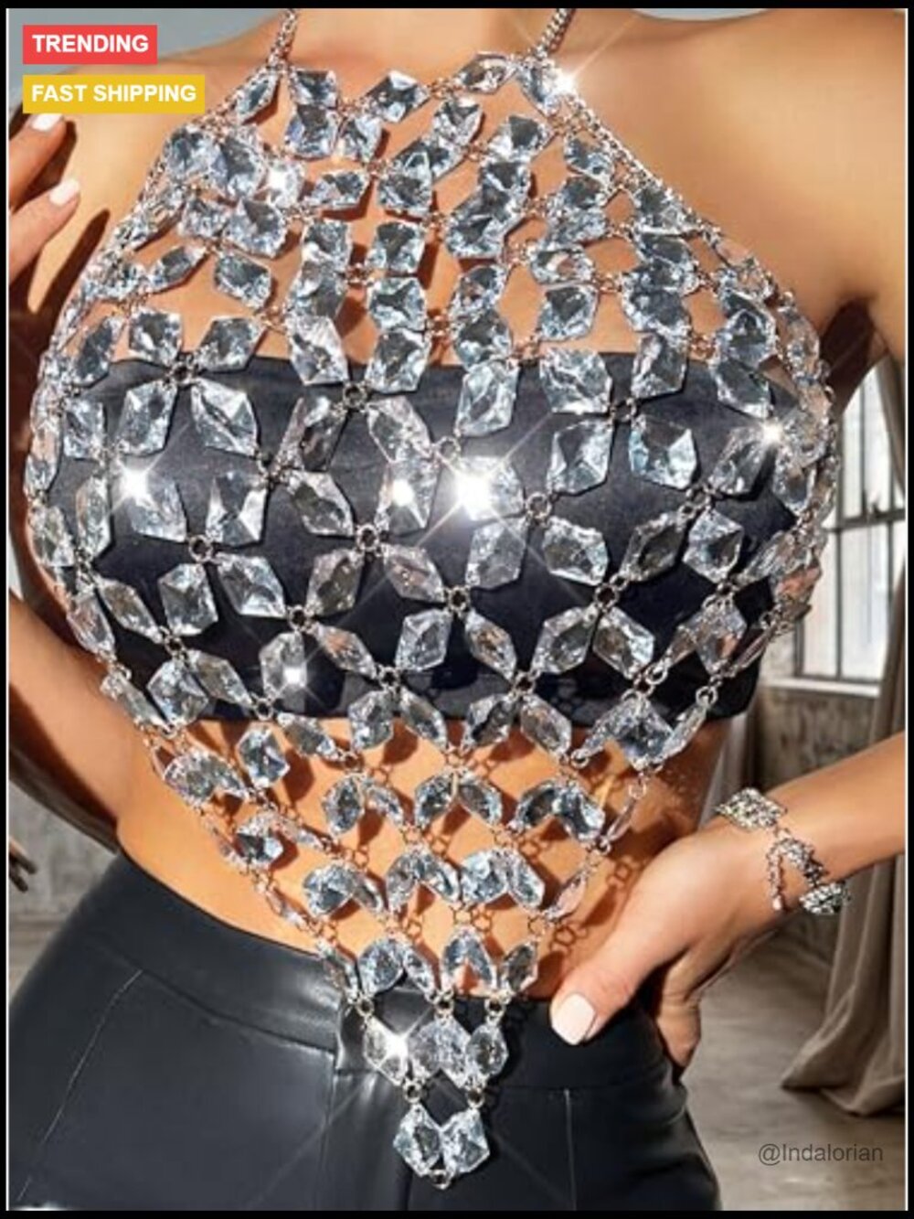 Crystal Rhinestone Bra Body Chain Halter Crop Top Beach Bikini Chest Chain - Picture 2 of 6